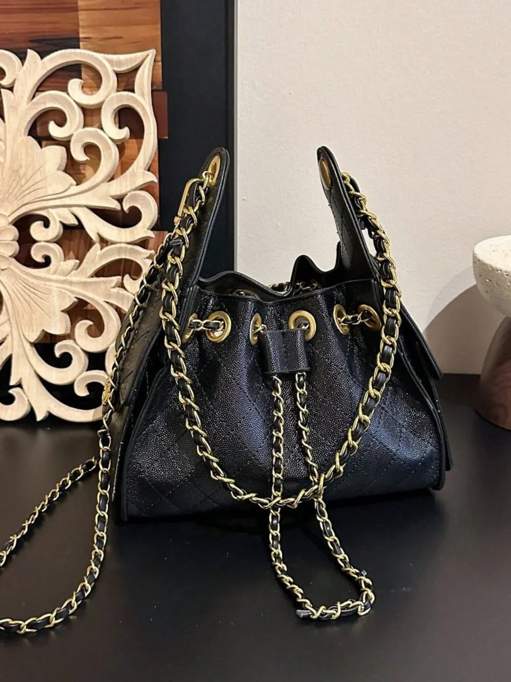Black Casual Women's Rhombus Embroidery Small Square Dual Chain Crossbody Bag